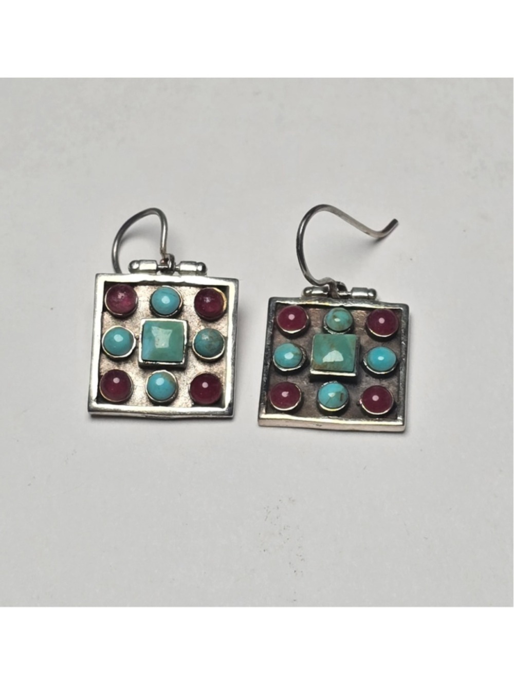 Vintage Square Mosaic Earrings Turquoise Red Garnet Southwestern
